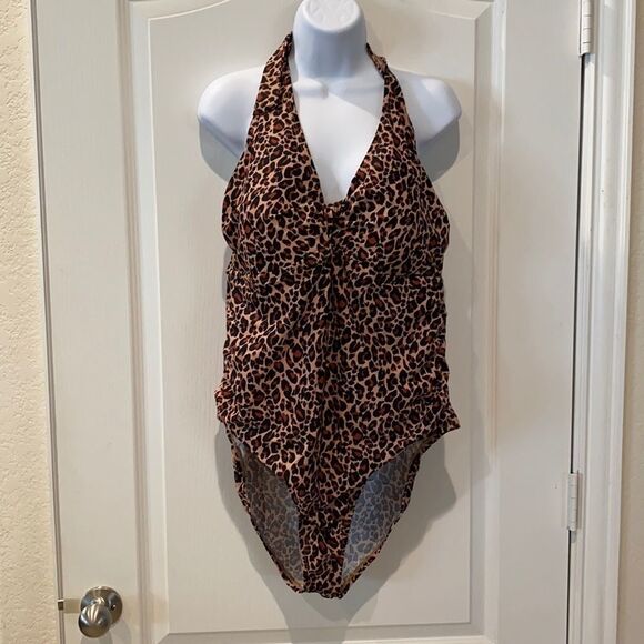 One Piece Swimsuit Brown Leopard Print Halter - Picture 3 of 4